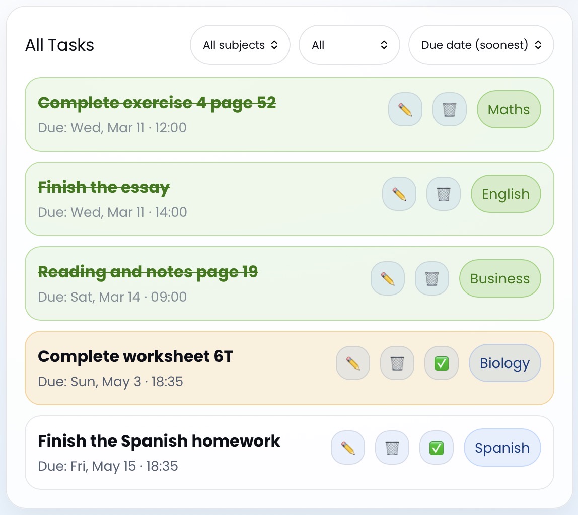 Zyra task management screen showing a list of homework assignments with subject colour tags, due dates, and completion checkboxes